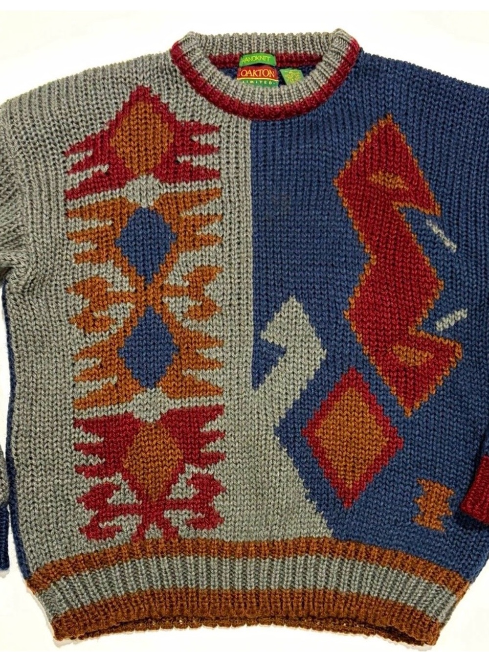 Oakton Men’s Crewneck Sweater in Blue, Gray, Red & Brown Vintage